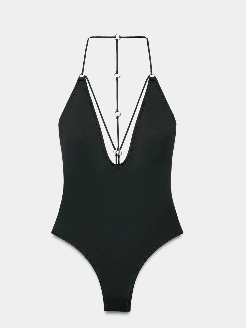 Zara One Piece Plunging Strappy Swimsuit Black S NWT